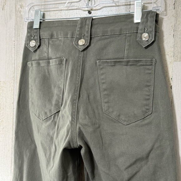 Revelation Denim Flare High Rise Button Dark Olive Wide Leg Jeans - Picture 11 of 14